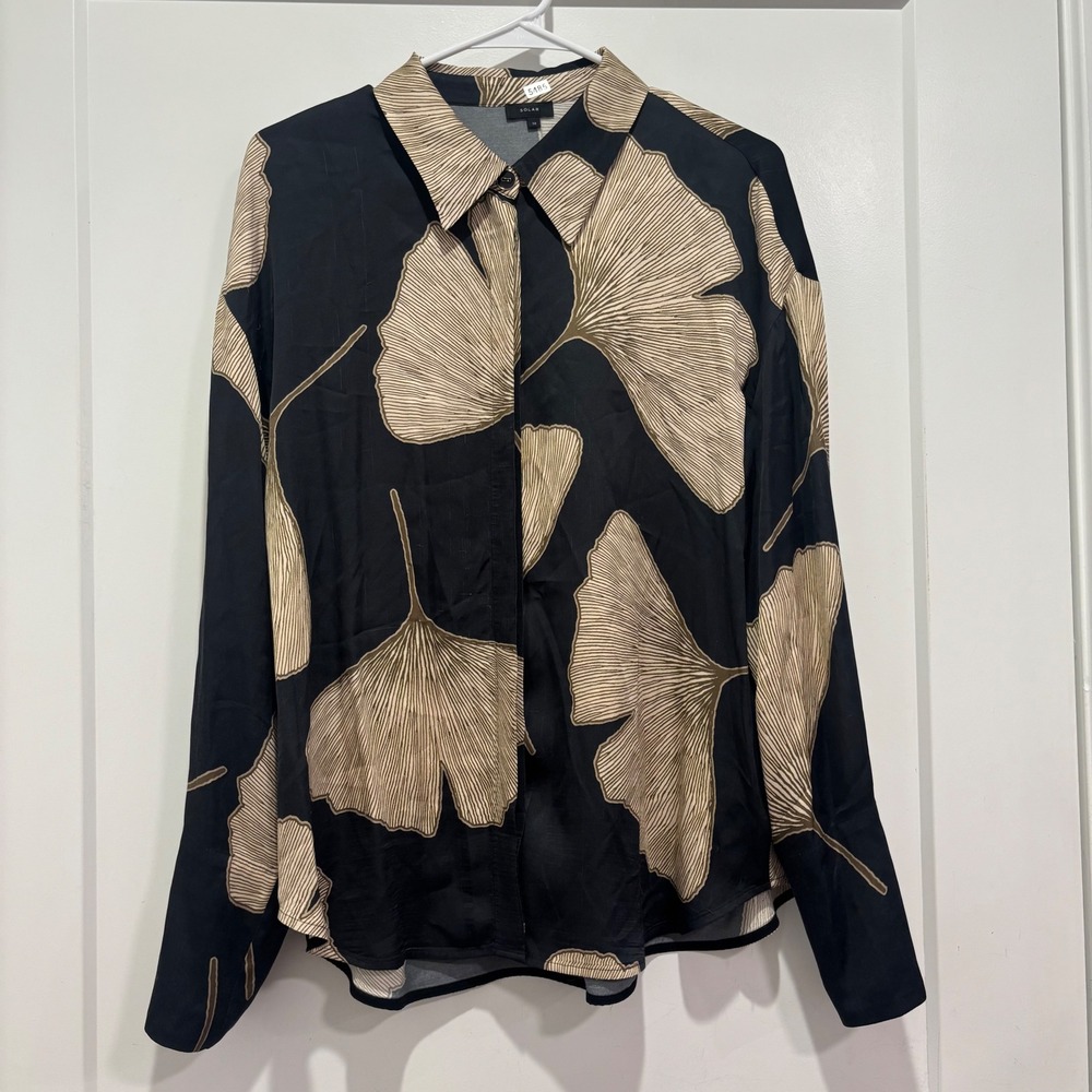 Solar Black Tan Ginkgo Leaf Print Viscose Button Down Shirt Size 38 Polish Brand